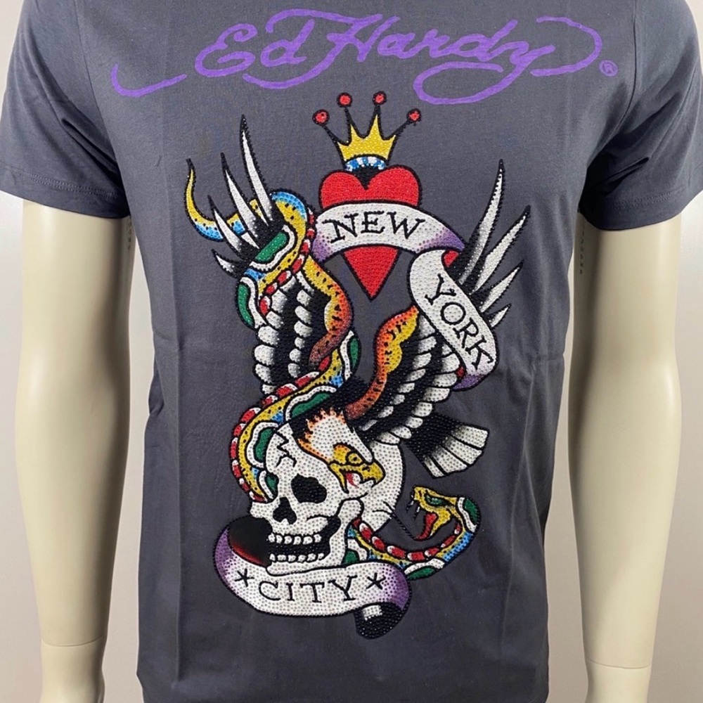 Ed Hardy Gray Short-Sleeve Tee with Multicolor Skull & Snake Graphic